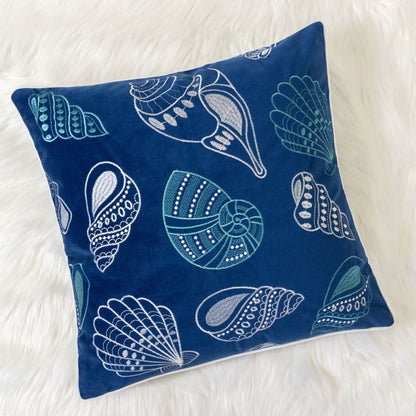 Seashells pillow cover blue with teal embroidered shells accent pillow Unique Piece Furniture on Tampa Home & Garden Store