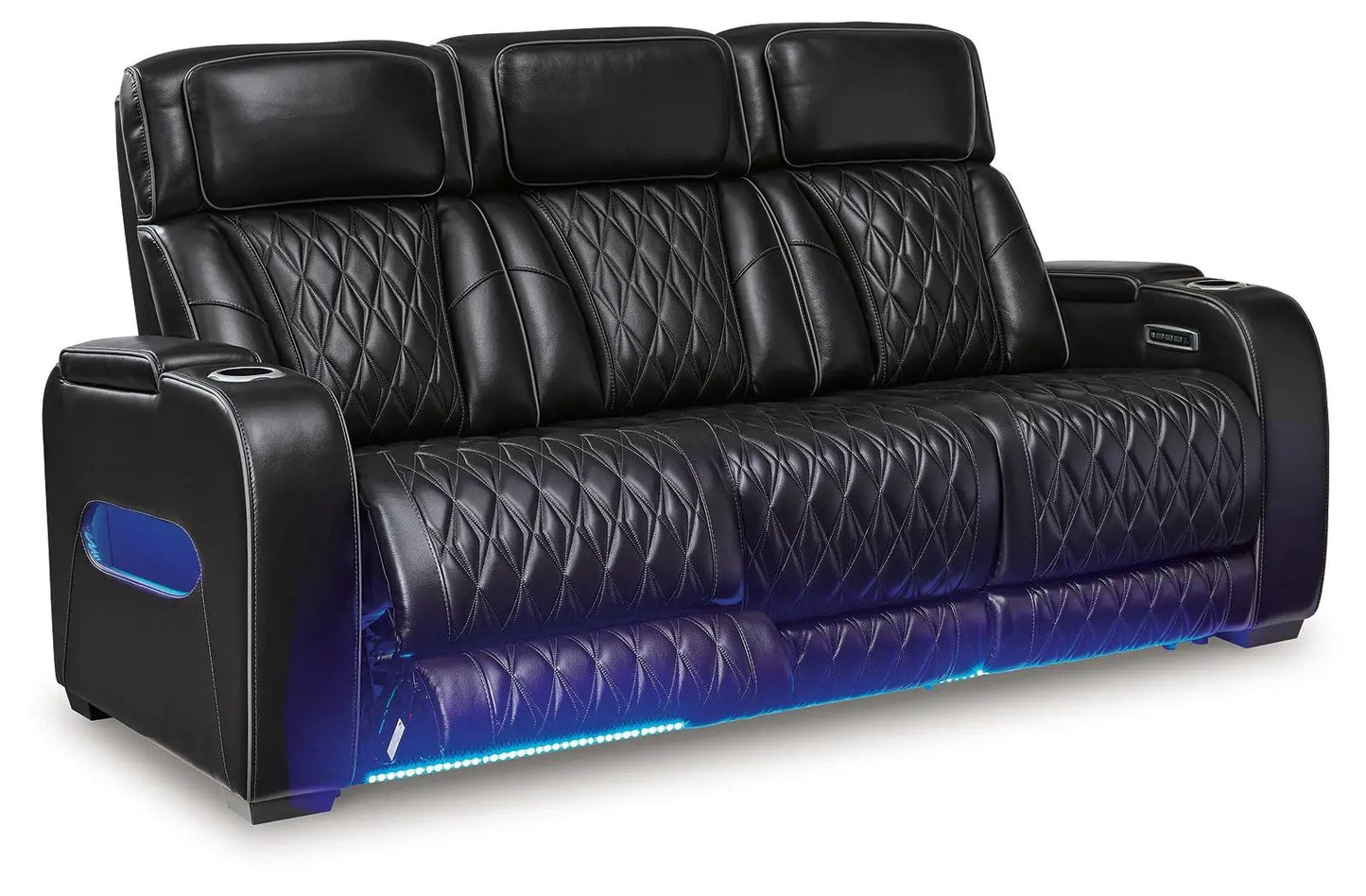Power reclining sofa Boyington, black leather, diamond stitching, LED underglow on Tampa Home & Garden Store