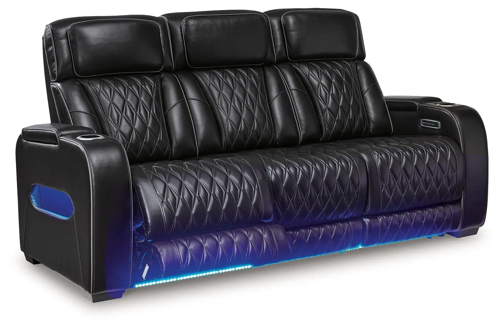 Power reclining sofa Boyington, black leather, diamond stitching, LED underglow on Tampa Home & Garden Store
