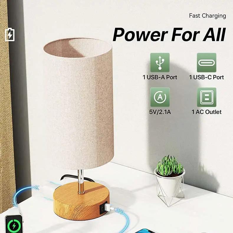 Living Room wood grain table lamp with beige shade, touch dimming, USB ports FLIPSTYLEZLLC on Tampa Home & Garden Store