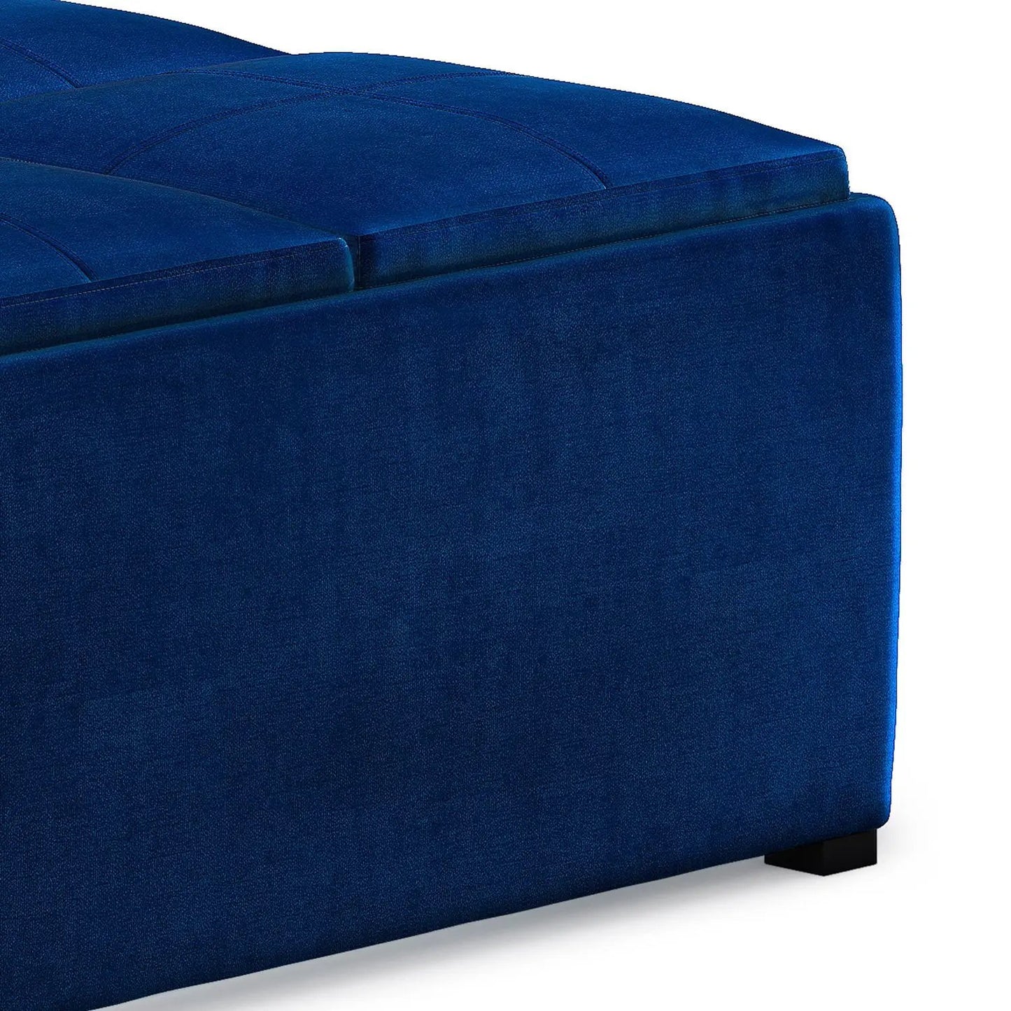 Avalon square storage ottoman blue velvet with tufted top and black legs on Tampa Home & Garden Store