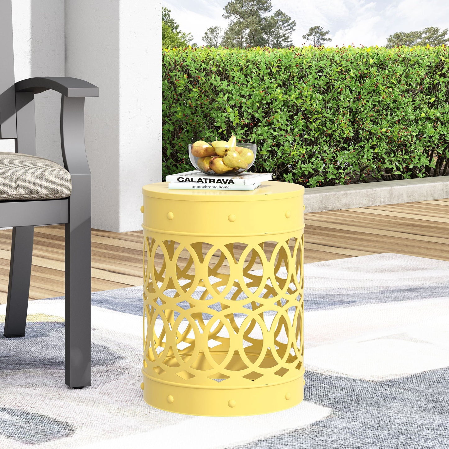 Large Outdoor Metal End Table with Floral Cut