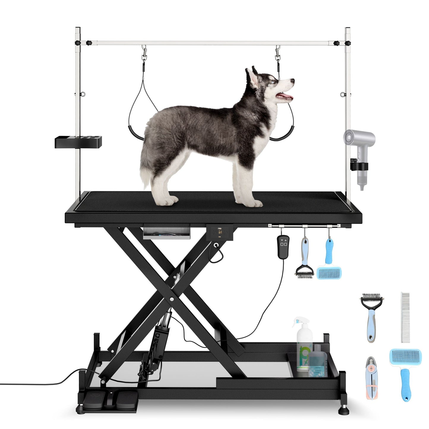 Super Deluxe Electric Pet Grooming Table height adjustable with overhead arms and leash on Tampa Home & Garden Store