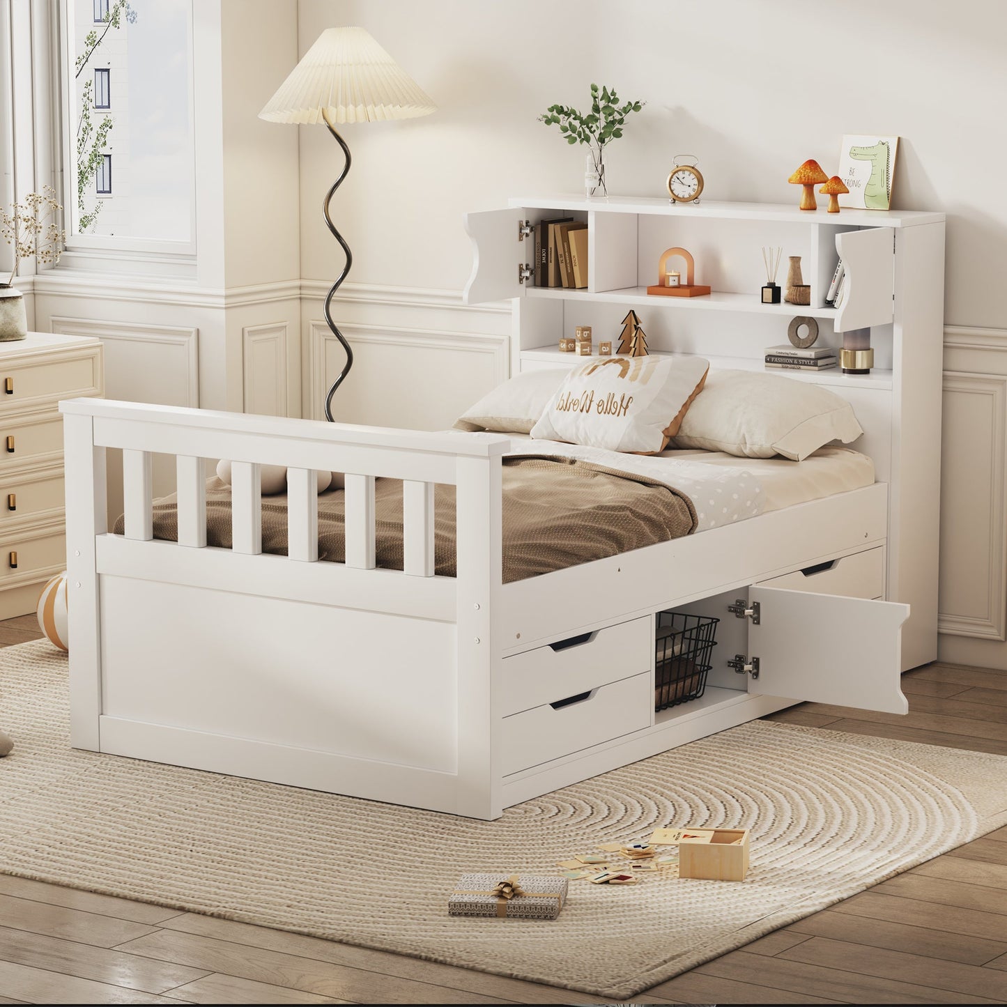 Twin Size Captain Platform Bed Frame with Storage Bookcases and Shelves,Four Drawers,White - Tampa Home & Garden Store