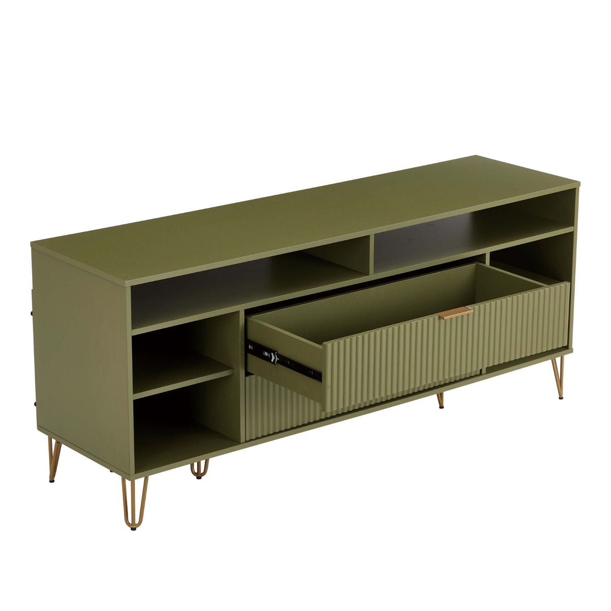 Fluted TV Stand with Storage in olive green, ribbed drawer front, open shelves, metal legs on Tampa Home & Garden Store