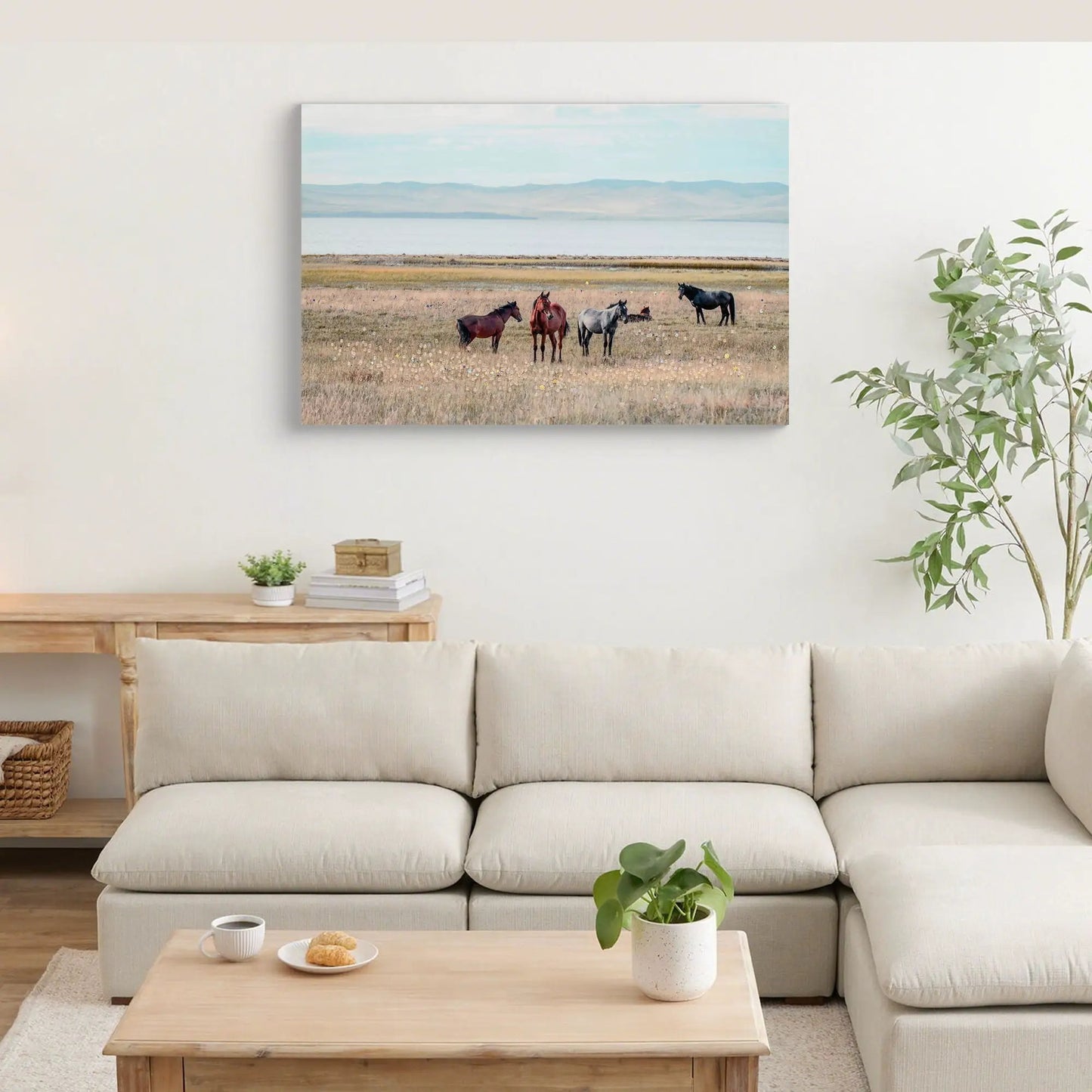 Horse Canvas Art denim brown with grazing horses by a lakeside scene Unique Piece Furniture on Tampa Home & Garden Store