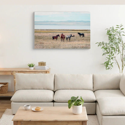 Horse Canvas Art denim brown with grazing horses by a lakeside scene Unique Piece Furniture on Tampa Home & Garden Store