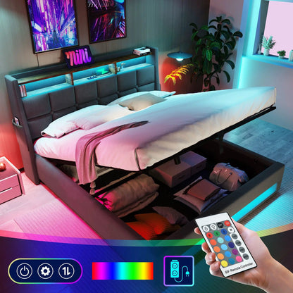 Upholstered Platform Bed With Storage USB LED