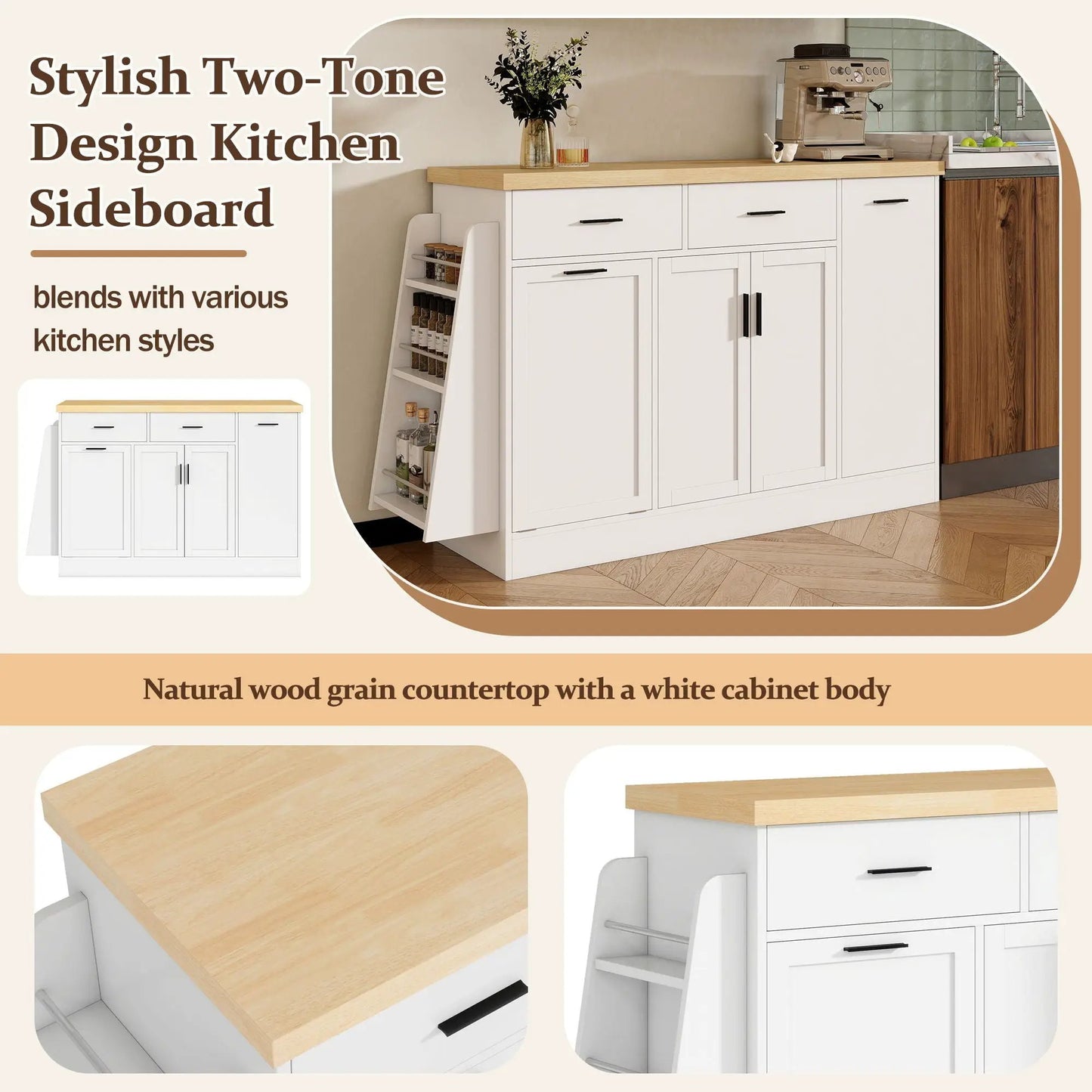 Kitchen sideboard with white cabinet, natural wood countertop, sliding doors, 3-tier spice rack on Tampa Home & Garden Store