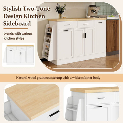 Kitchen sideboard with white cabinet, natural wood countertop, sliding doors, 3-tier spice rack on Tampa Home & Garden Store