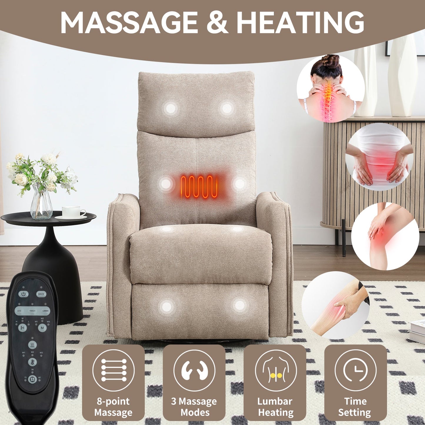 Heat massage recliner chair in khaki fabric with rocker and swivel and remote on Tampa Home & Garden Store