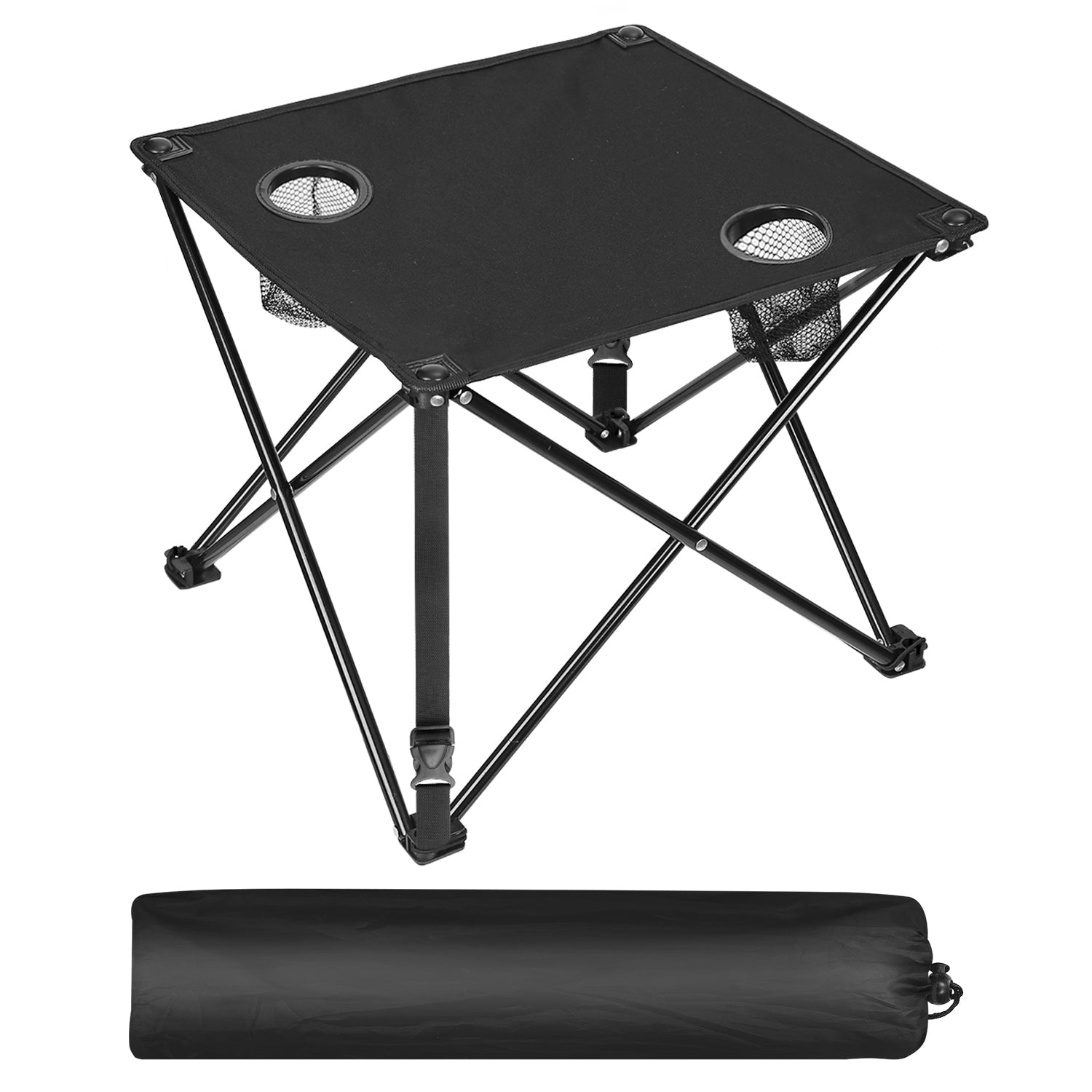 GemGear foldable camping table 2-piece set with two cup holders, black top, carrying bag on Tampa Home & Garden Store