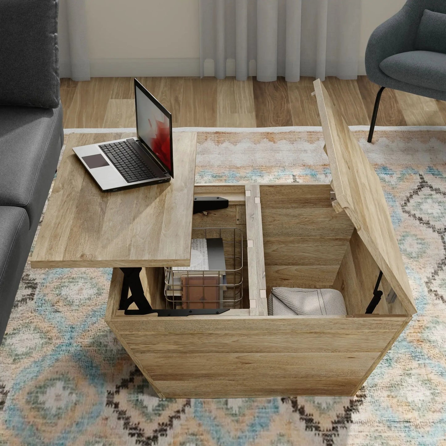 Abba handcrafted coffee table in light oak with open lower shelf and laptop on top on Tampa Home & Garden Store