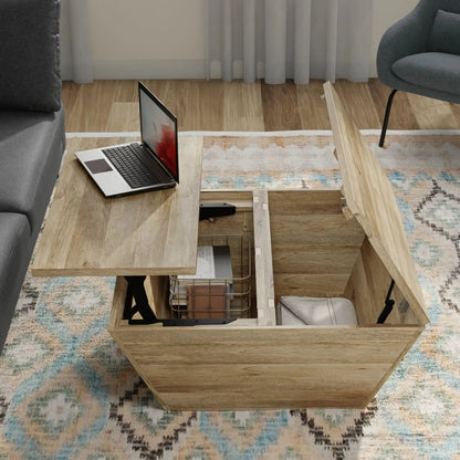 Abba handcrafted coffee table in light oak with open lower shelf and laptop on top on Tampa Home & Garden Store