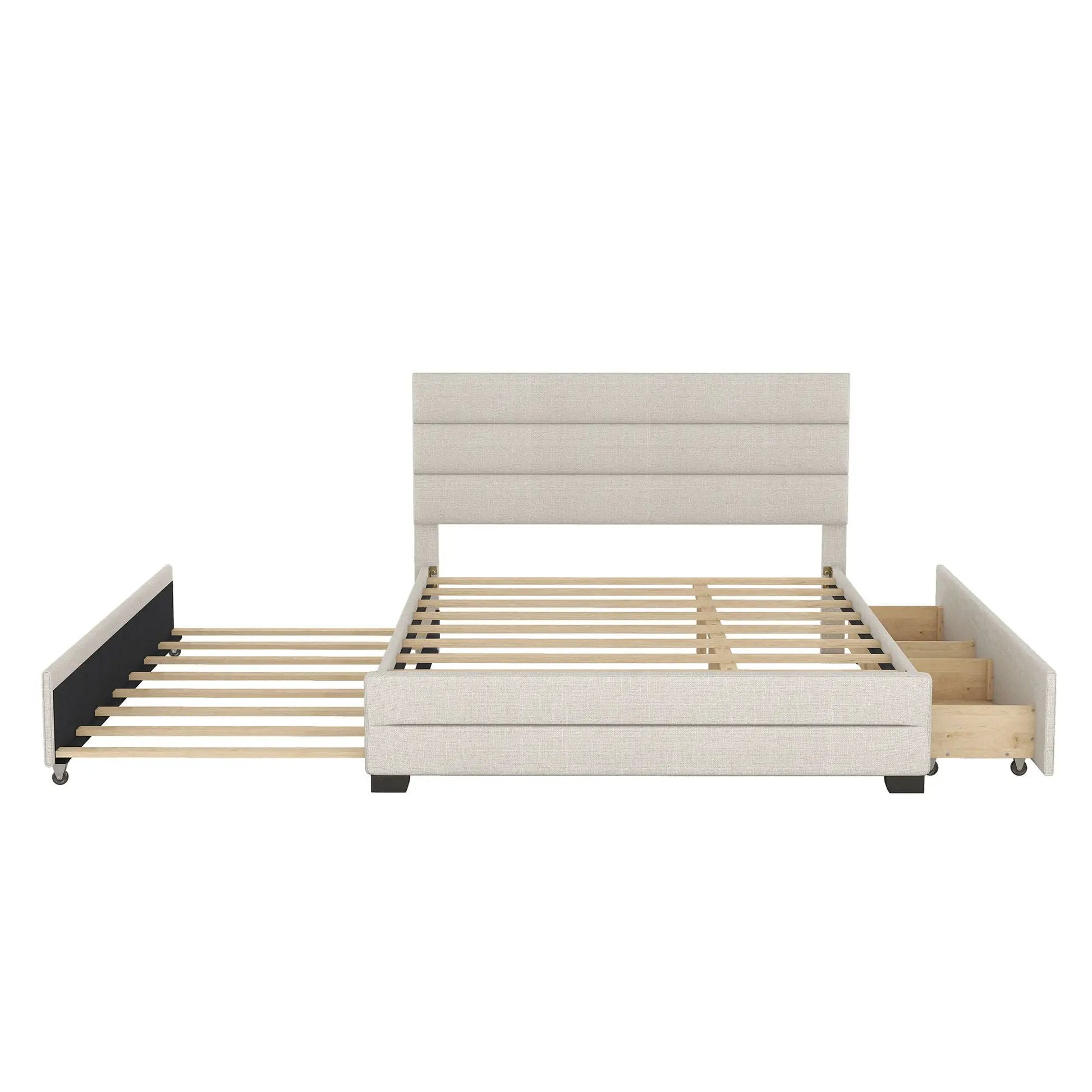 Beige upholstered queen storage bed with 2 built-in drawers and slatted foundation on Tampa Home & Garden Store
