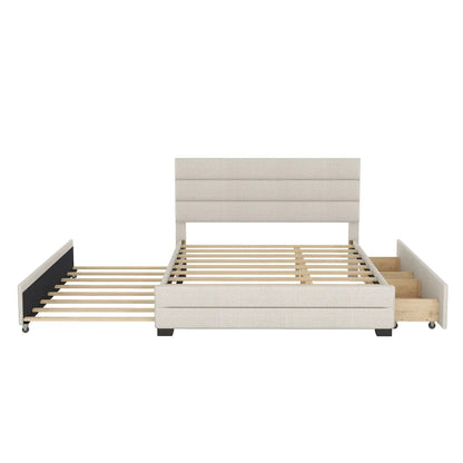 Beige upholstered queen storage bed with 2 built-in drawers and slatted foundation on Tampa Home & Garden Store