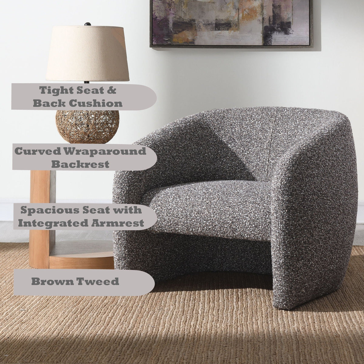 Livia brown and gray tweed accent armchair with curved wraparound back HouseOfZazla on Tampa Home & Garden Store