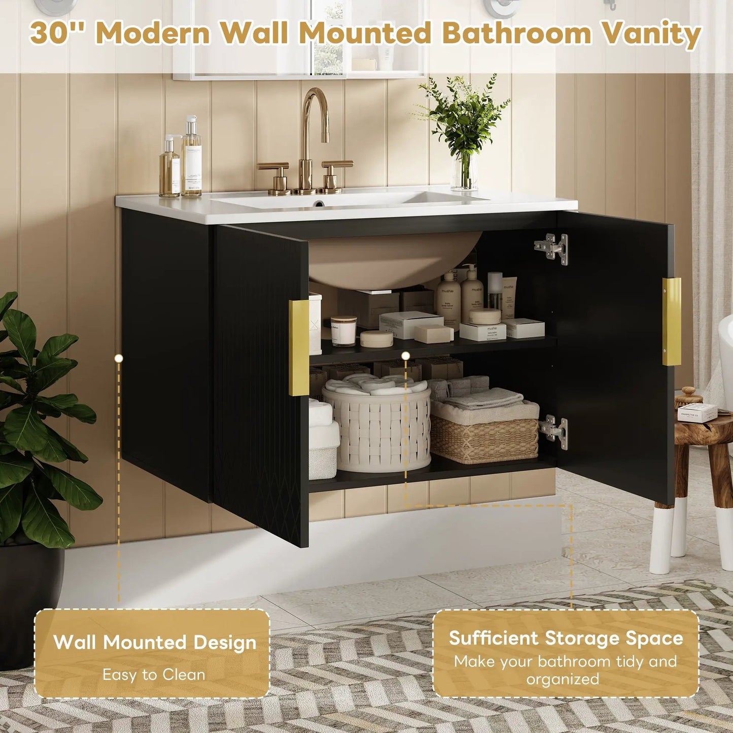 Bathroom vanity with sink, wall-mounted cabinet with 2 soft-close doors, brass faucet on Tampa Home & Garden Store