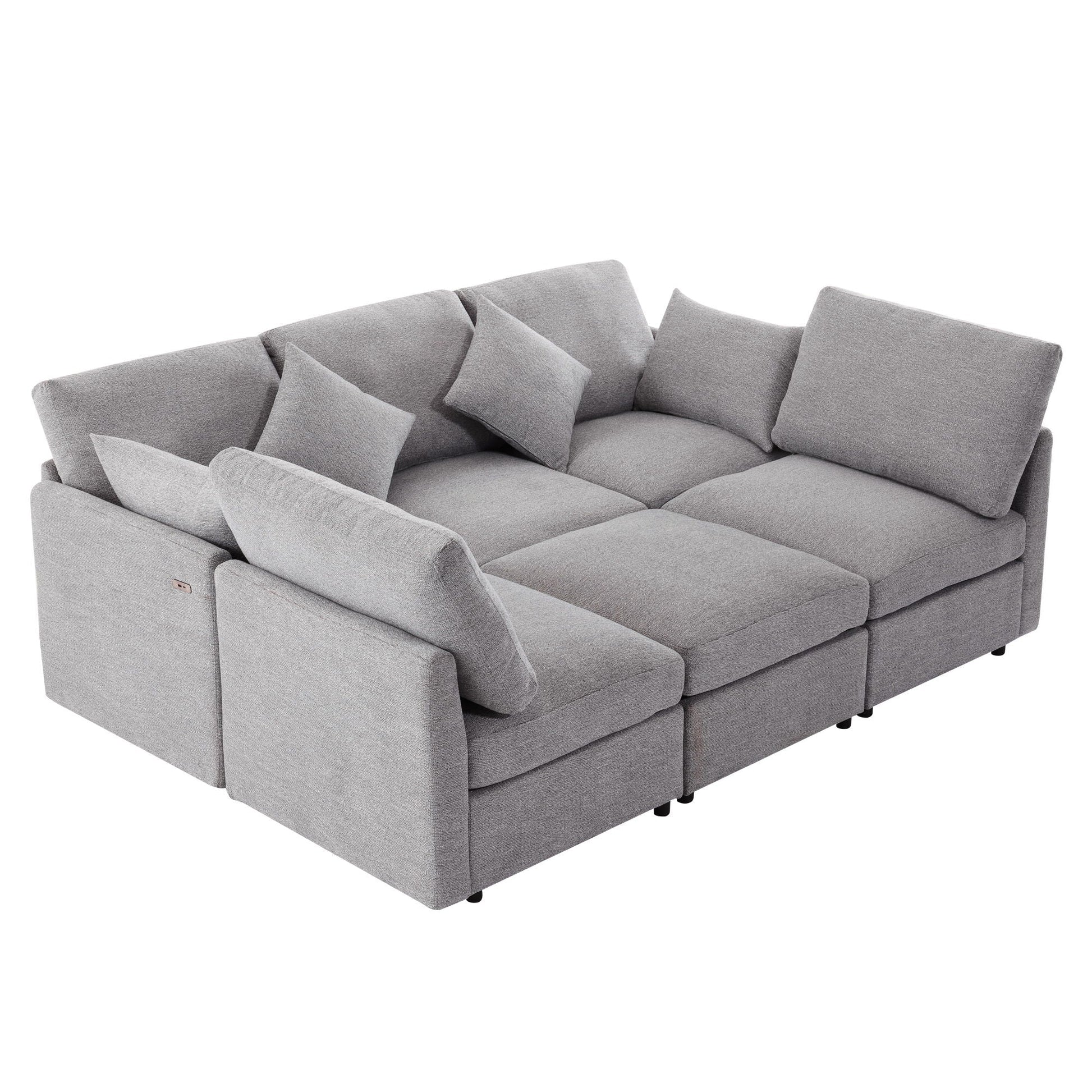 Sectional sofa modular U-shaped 2-piece set by HouseOfZazla in light gray fabric with USB ports on Tampa Home & Garden Store