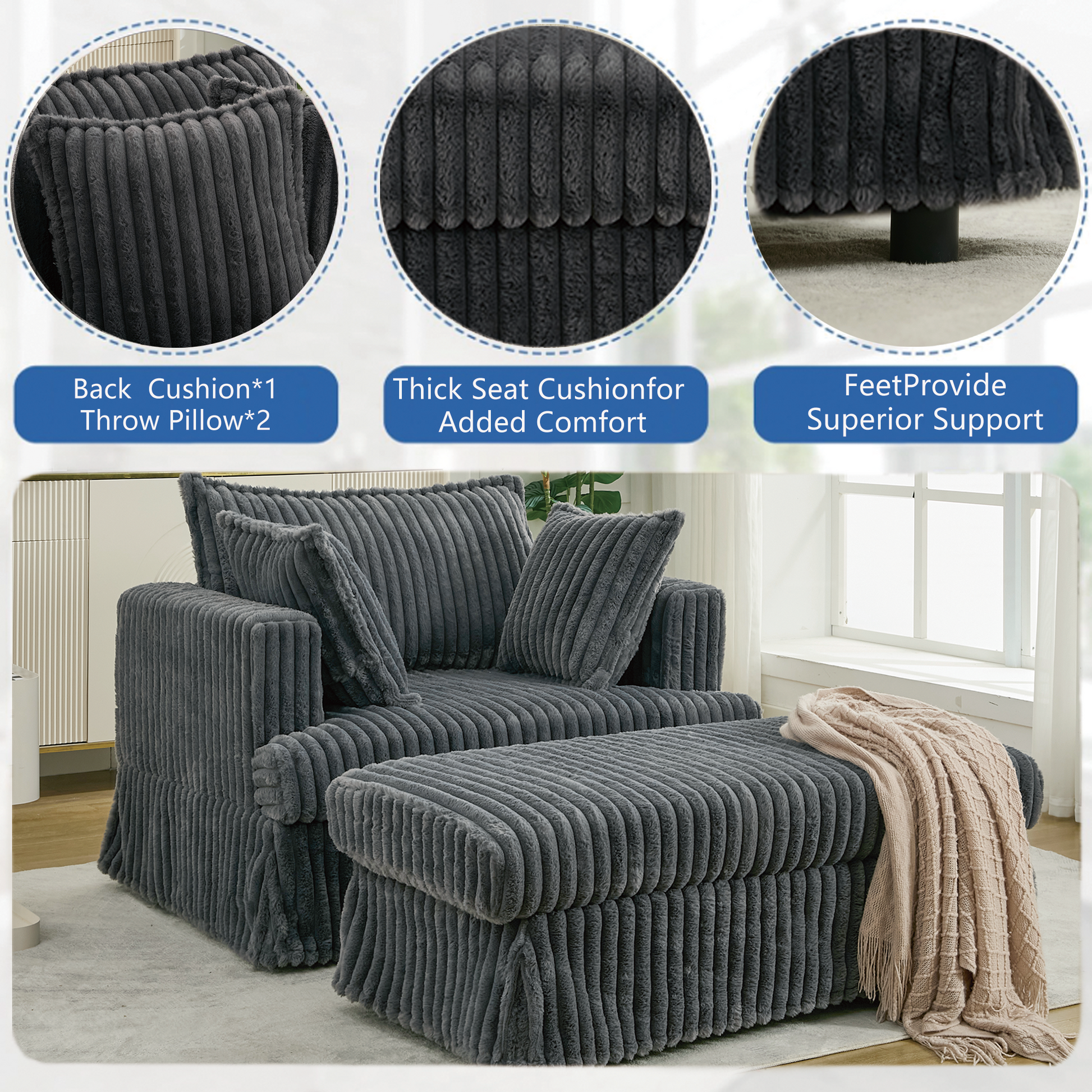 Oversized corduroy chaise lounge with ottoman in dark gray by HouseOfZazla on Tampa Home & Garden Store