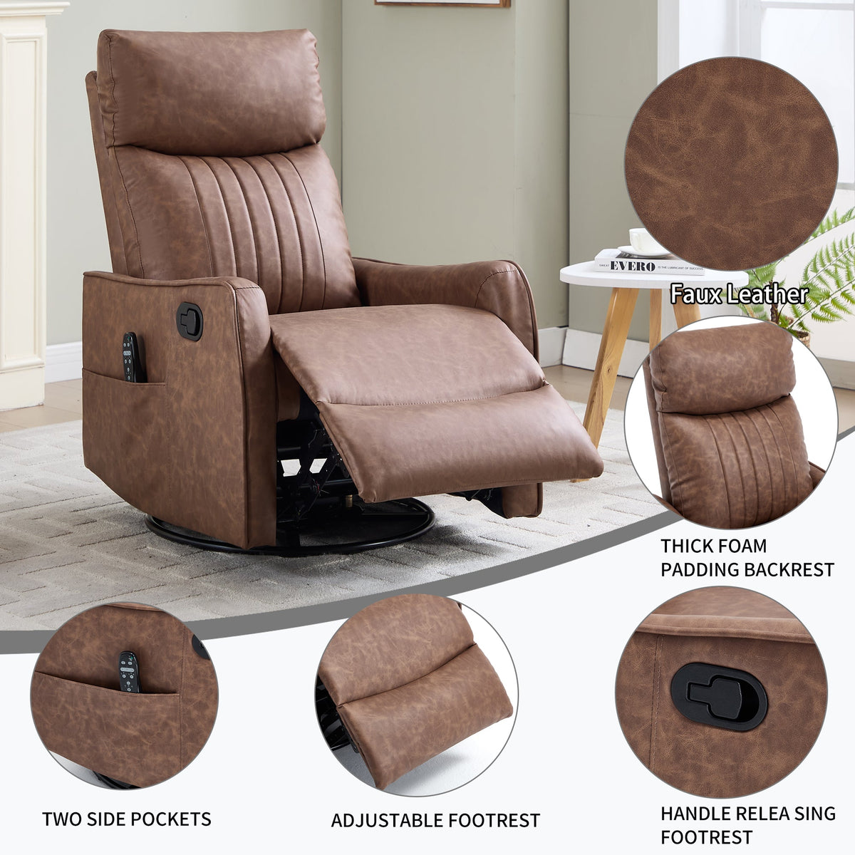 Brown heat massage manual recliner chair in faux leather with two side pockets HouseOfZazla on Tampa Home & Garden Store