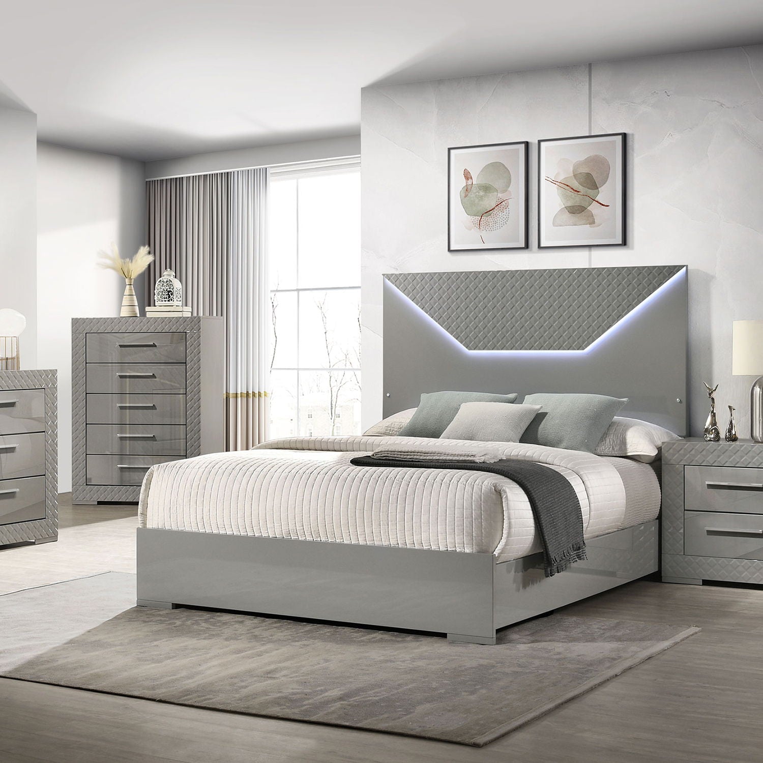 Pierce Panel Bed LED Headboard in gray glossy with diamond-quilted headboard, HouseOfZazla on Tampa Home & Garden Store