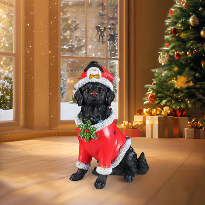 Christmas dog statue in red Santa suit with white fur trim and holly leaves with gold bow on Tampa Home & Garden Store