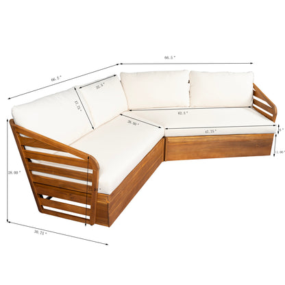 Royal Acacia Patio V Sofa Sectional Set beige cushions and wood frame by HouseOfZazla on Tampa Home & Garden Store