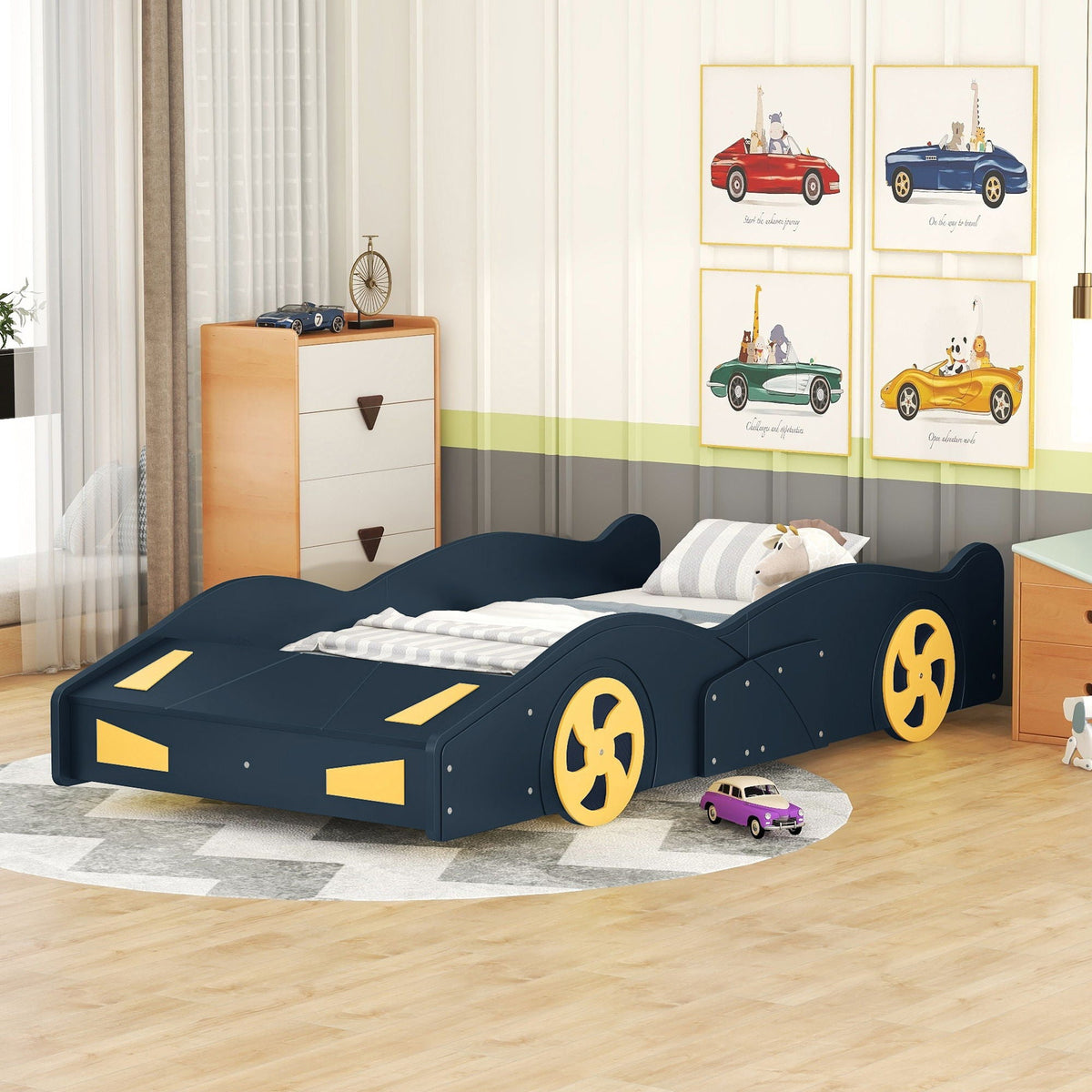 Race Car Shaped Platform Bed With Wheels And Storage pair of blue beds with yellow wheels on Tampa Home & Garden Store