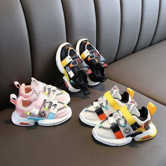 Stevvex baby sneakers four-pair set: pink pastel, white multicolor, black multicolor, yellow strap on Tampa Home & Garden Store