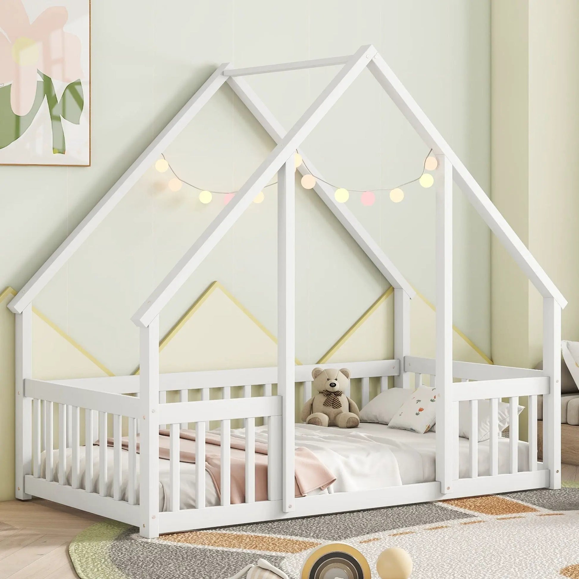Wood house-shaped floor bed with fence guardrails, white toddler bed Unique Piece Furniture on Tampa Home & Garden Store