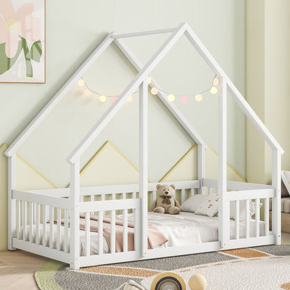 A Wood House Floor Bed with Guardrail Fence