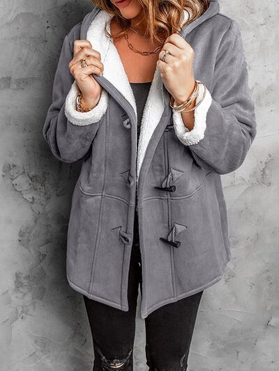 Full Size Pocketed Hooded Toggle Jacket grey faux suede with white sherpa lining on Tampa Home & Garden Store