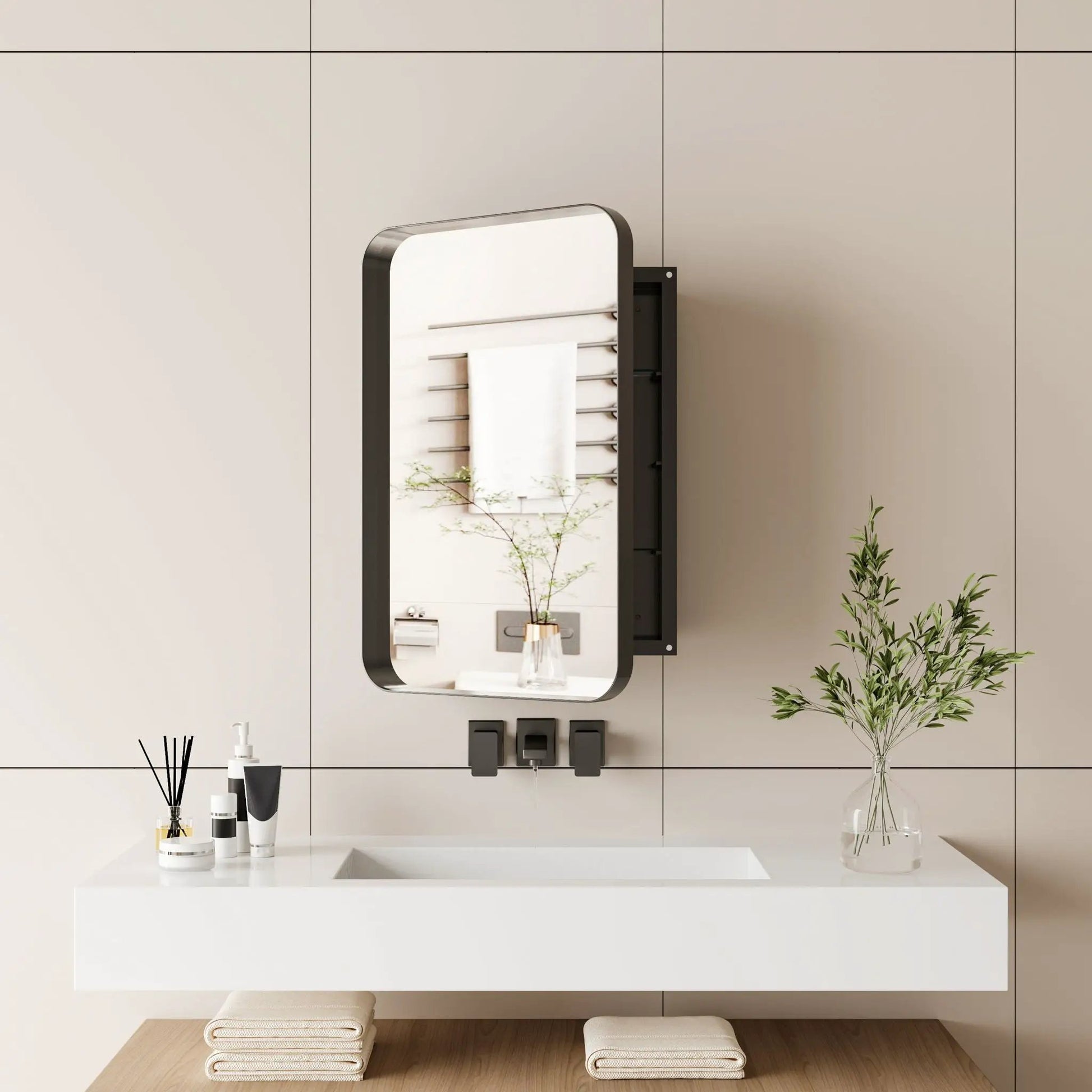 Recessed metal-framed medicine cabinet with mirror and adjustable shelves bathroom storage on Tampa Home & Garden Store