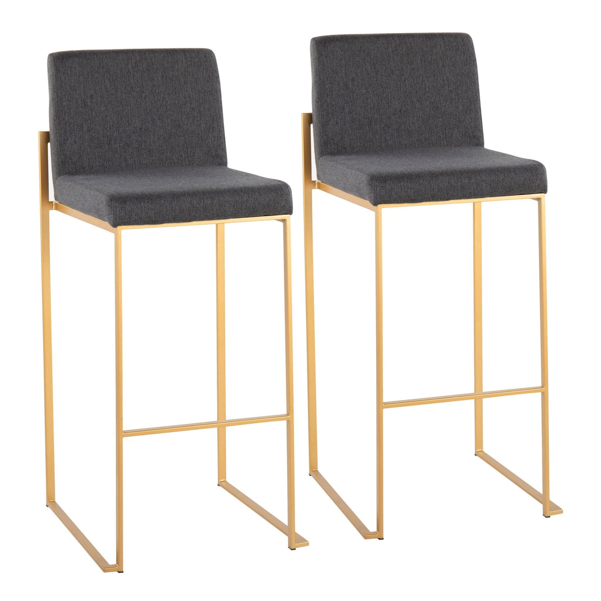 Contemporary high back barstool set, upholstered gray fabric, gold metal frames, 2 stools on Tampa Home & Garden Store