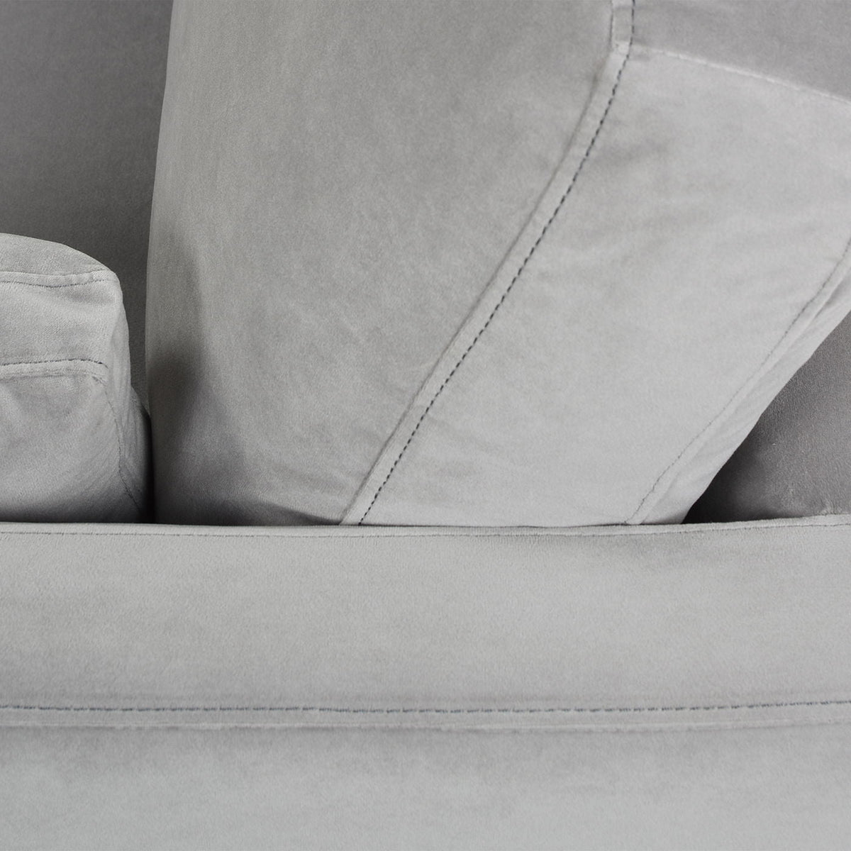 Modern Farmhouse Arm Chair gray upholstery close-up with seam detailing and plush cushions on Tampa Home & Garden Store