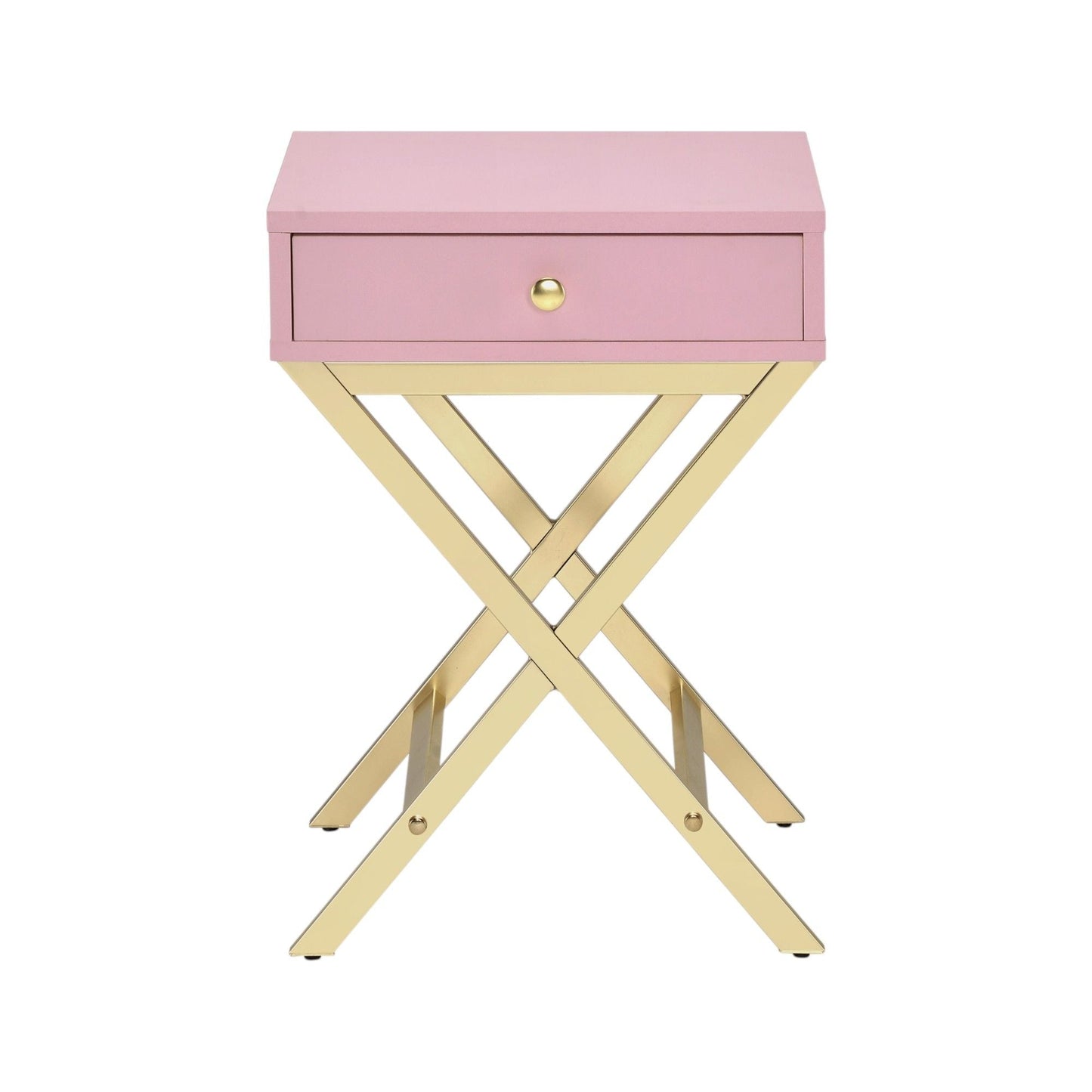 HouseOfZazla Coleen pink accent table with single gold knob drawer and gold geometric base on Tampa Home & Garden Store