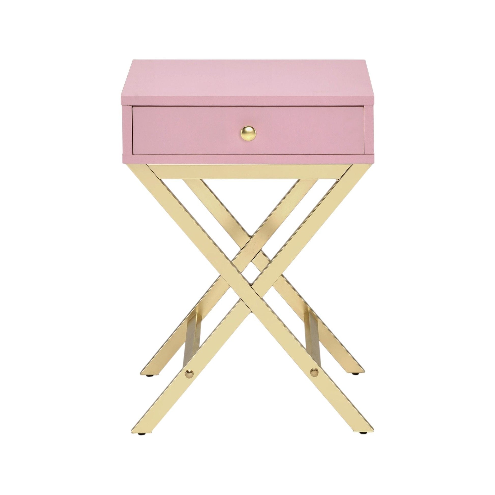 HouseOfZazla Coleen pink accent table with single gold knob drawer and gold geometric base on Tampa Home & Garden Store