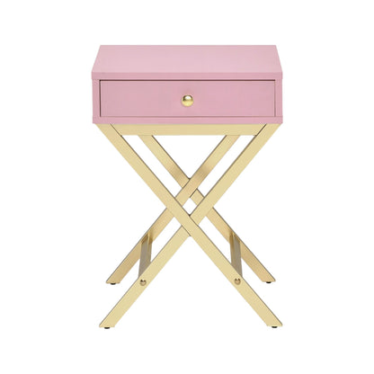 HouseOfZazla Coleen pink accent table with single gold knob drawer and gold geometric base on Tampa Home & Garden Store