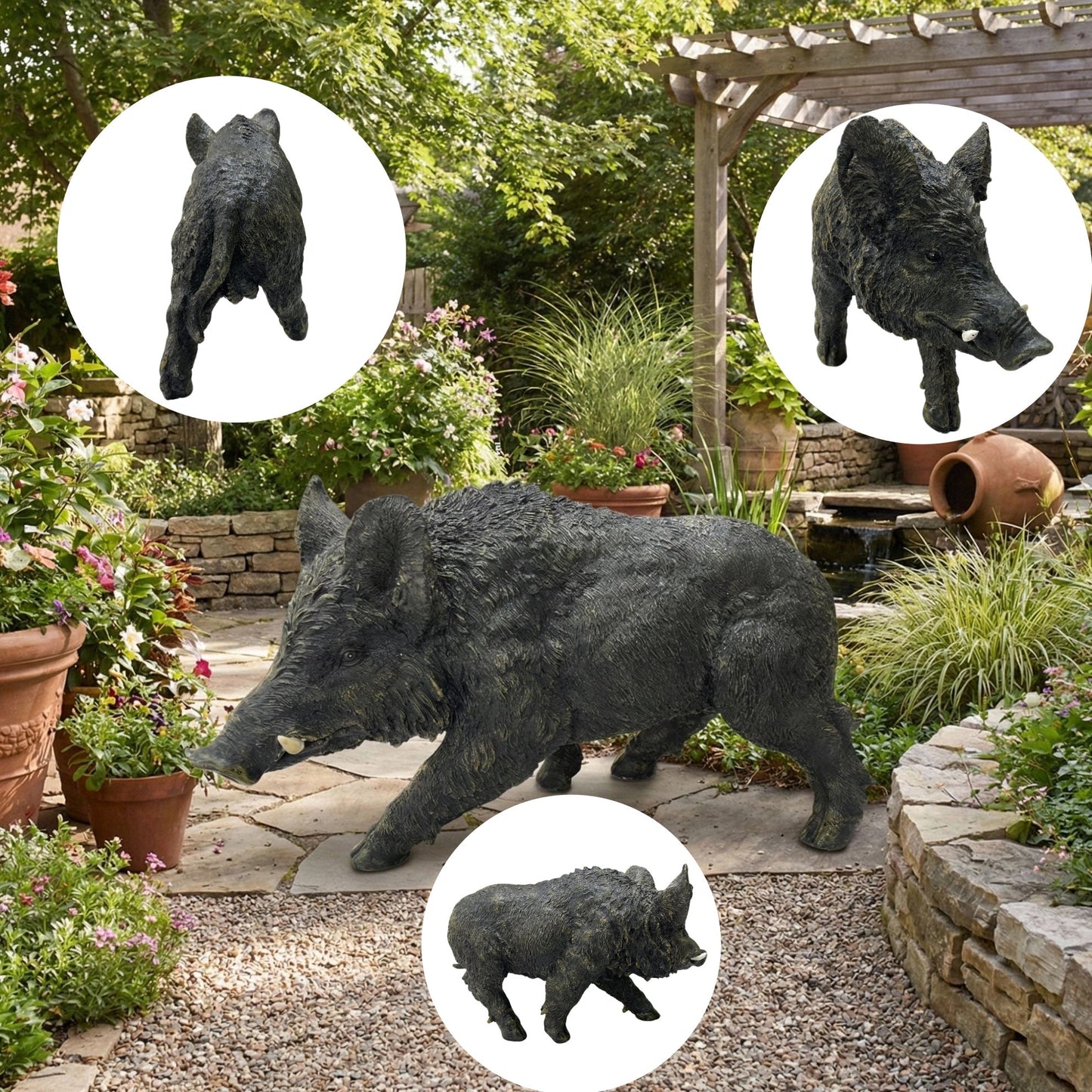 Simulated Wild Boar Resin Garden Statue set of 4 dark charcoal statues by HouseOfZazla on Tampa Home & Garden Store