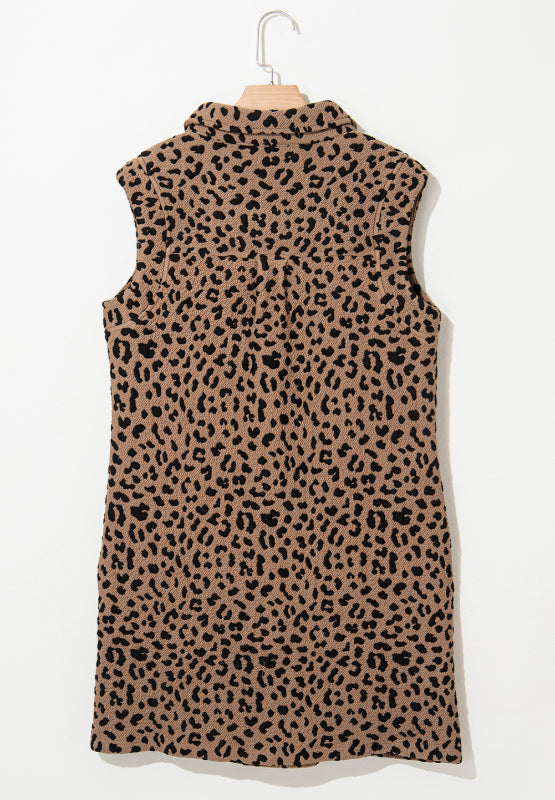 Stevvex leopard print sleeveless mini dress in tan with black spots, collared neckline on Tampa Home & Garden Store