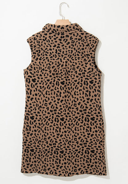 Stevvex leopard print sleeveless mini dress in tan with black spots, collared neckline on Tampa Home & Garden Store