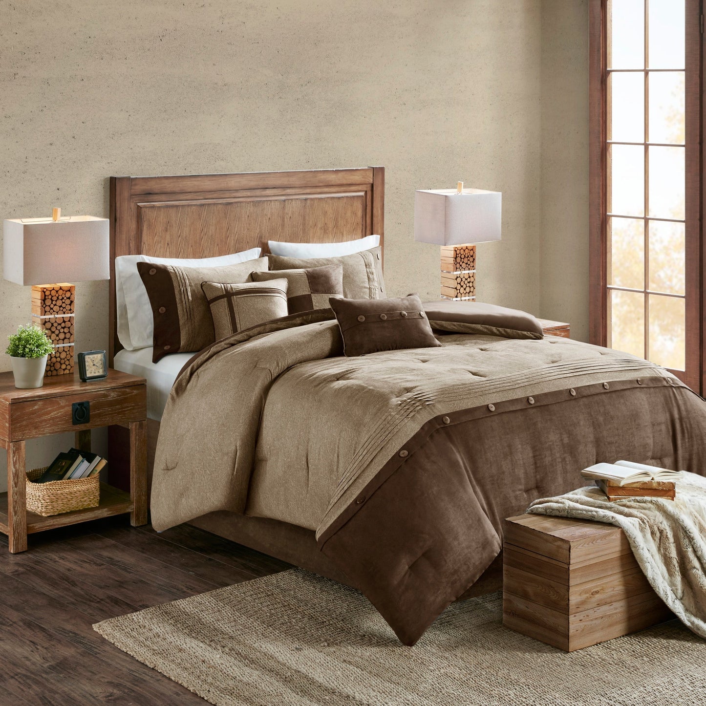 7 Piece Faux Suede Comforter Set Brown California King with matching shams on a wooden bed on Tampa Home & Garden Store