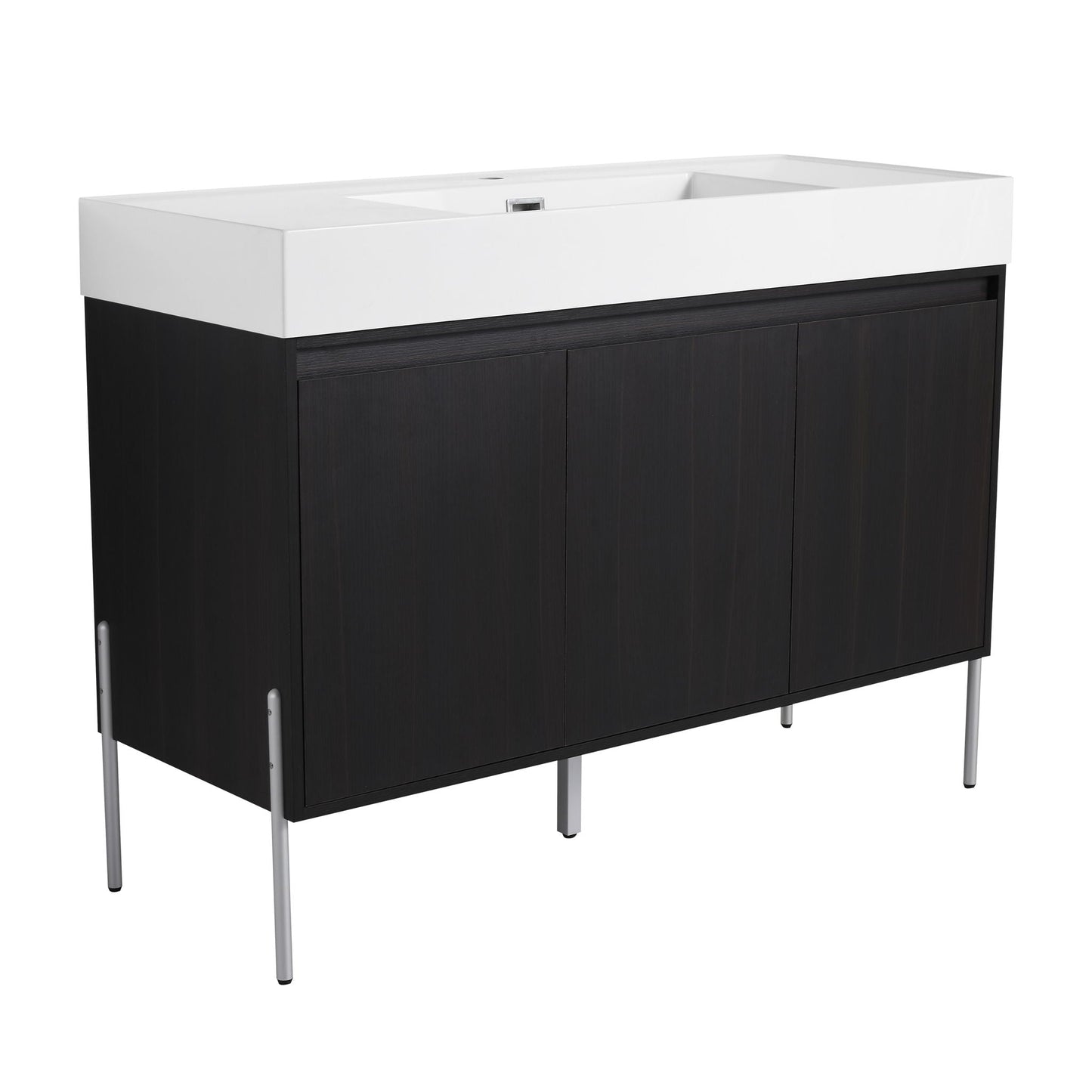 Freestanding bathroom vanity with white resin sink and dark wood storage cabinet on Tampa Home and Garden Store