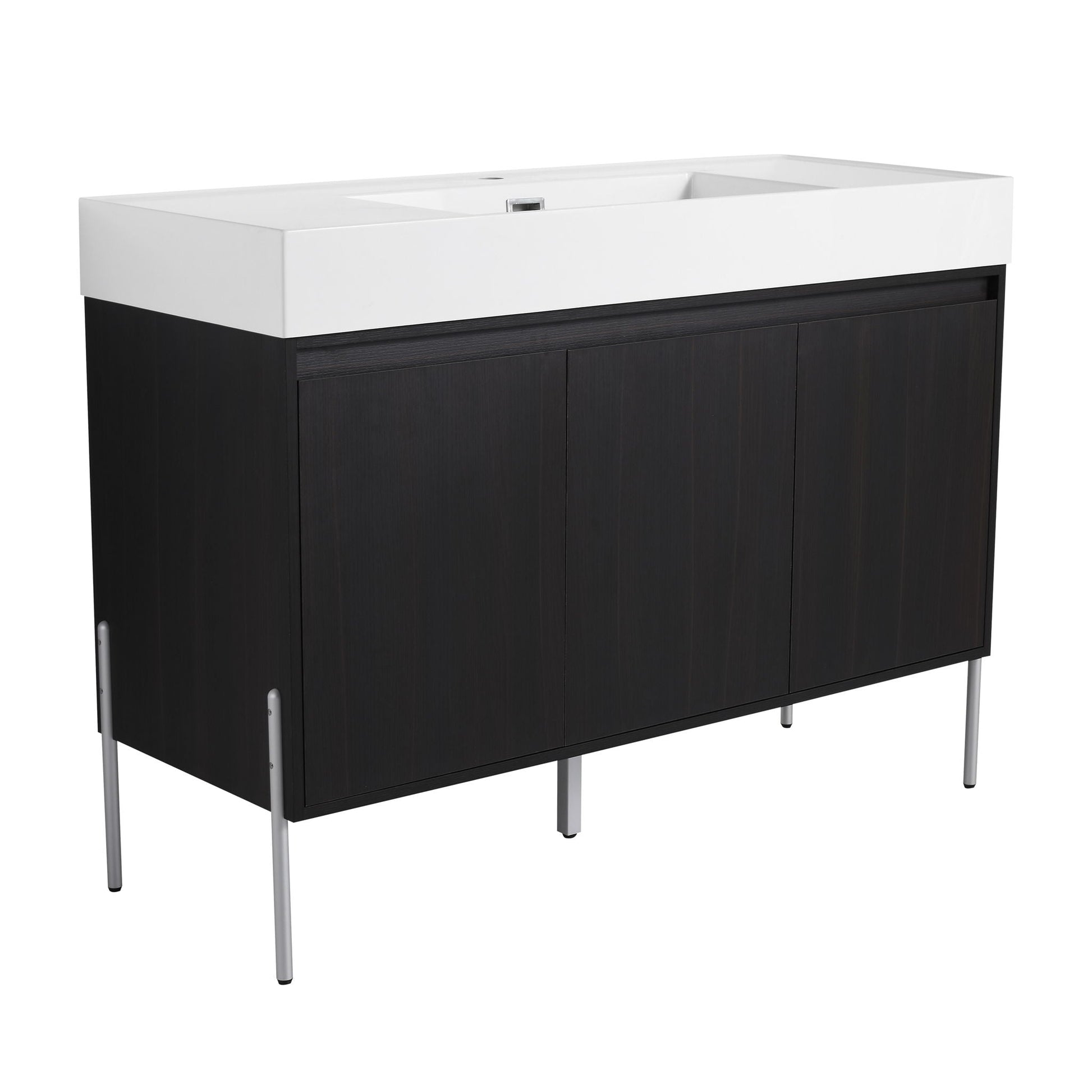 Freestanding bathroom vanity with white resin sink and dark wood storage cabinet on Tampa Home and Garden Store