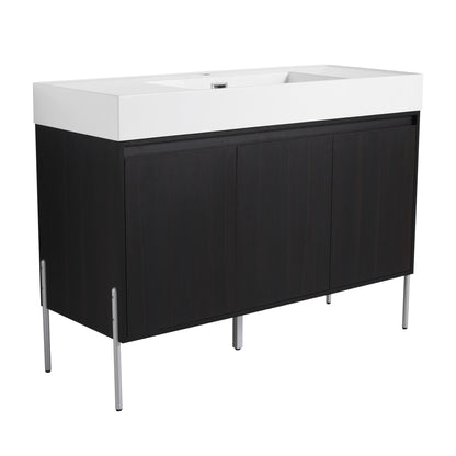 Freestanding bathroom vanity with white resin sink and dark wood storage cabinet on Tampa Home and Garden Store