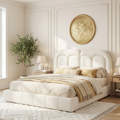 Queen Boucle Upholstered Platform Bed with Tufted Headboard in cream fabric, platform base on Tampa Home & Garden Store