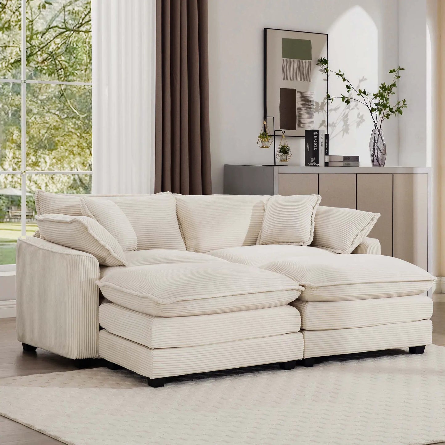 Modern oversized modular cushion sofa with ottoman, low back, cream ribbed fabric, 3-piece set on Tampa Home & Garden Store