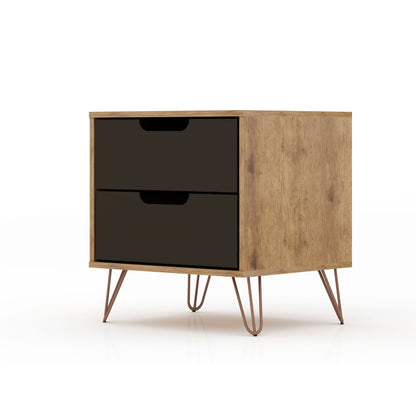 2-drawer nightstand by HouseOfZazla, natural wood with black fronts and splayed metal legs on Tampa Home & Garden Store