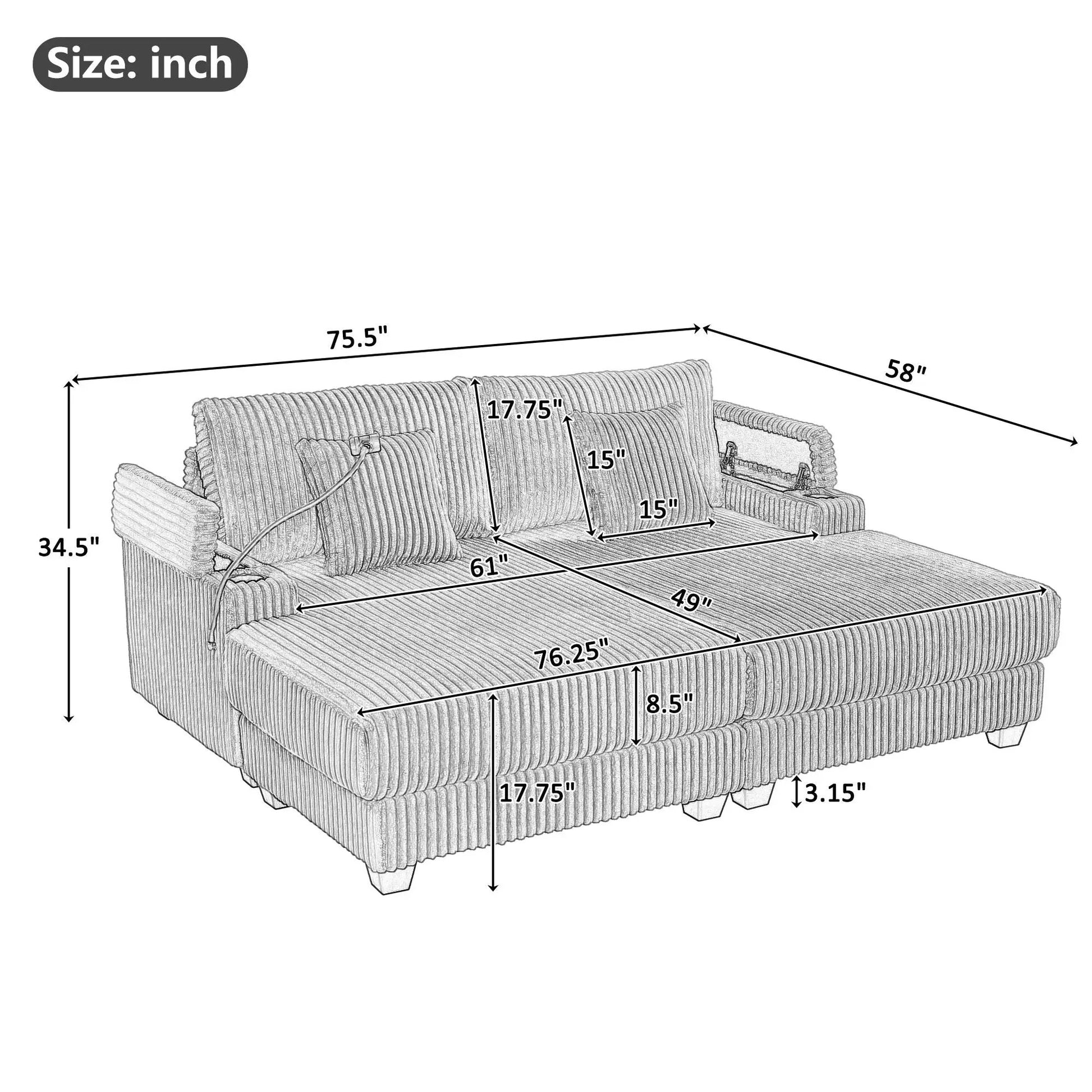 Modern chaise sofa in ribbed gray fabric with adjustable backrest and phone holder on Tampa Home & Garden Store